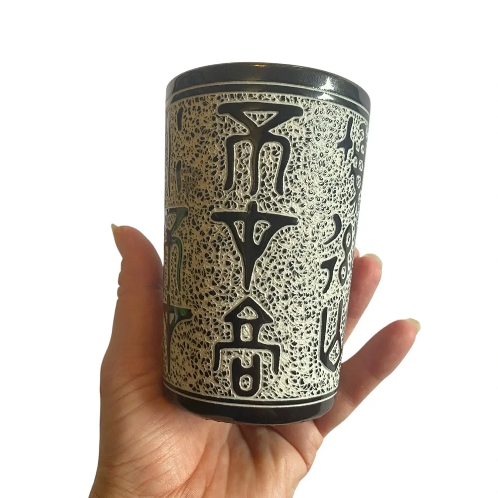 Vintage Midcentury Black and White Artistic Vase Japan Sgrafitto